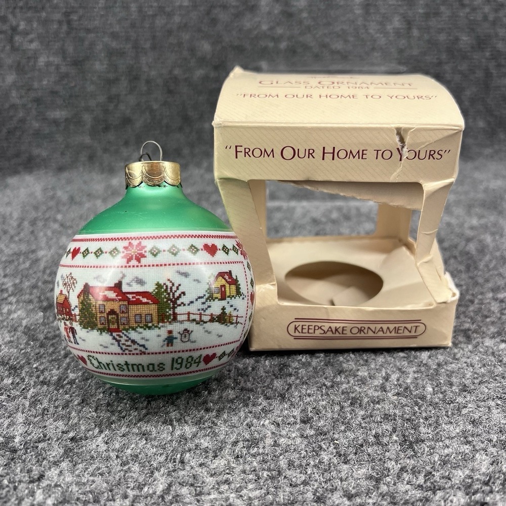 Hallmark 1984 "From Our Home To Yours"  Keepsake Glass Ornament 3" With Box Vtg